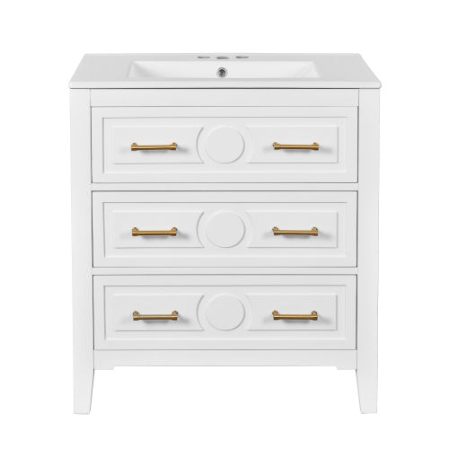 30'' Bathroom Vanity With Ceramic Sink Combo, Free Standing Single Vanity Set With 3 Drawers, Solid Wood Frame Bathroom Storage Cabinet, White