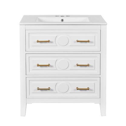 30'' Bathroom Vanity With Ceramic Sink Combo, Free Standing Single Vanity Set With 3 Drawers, Solid Wood Frame Bathroom Storage Cabinet, White