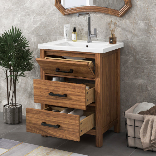 24'' Bathroom Vanity with Ceramic Basin Sink – Freestanding, Modern Storage Cabinet with 3 Drawers