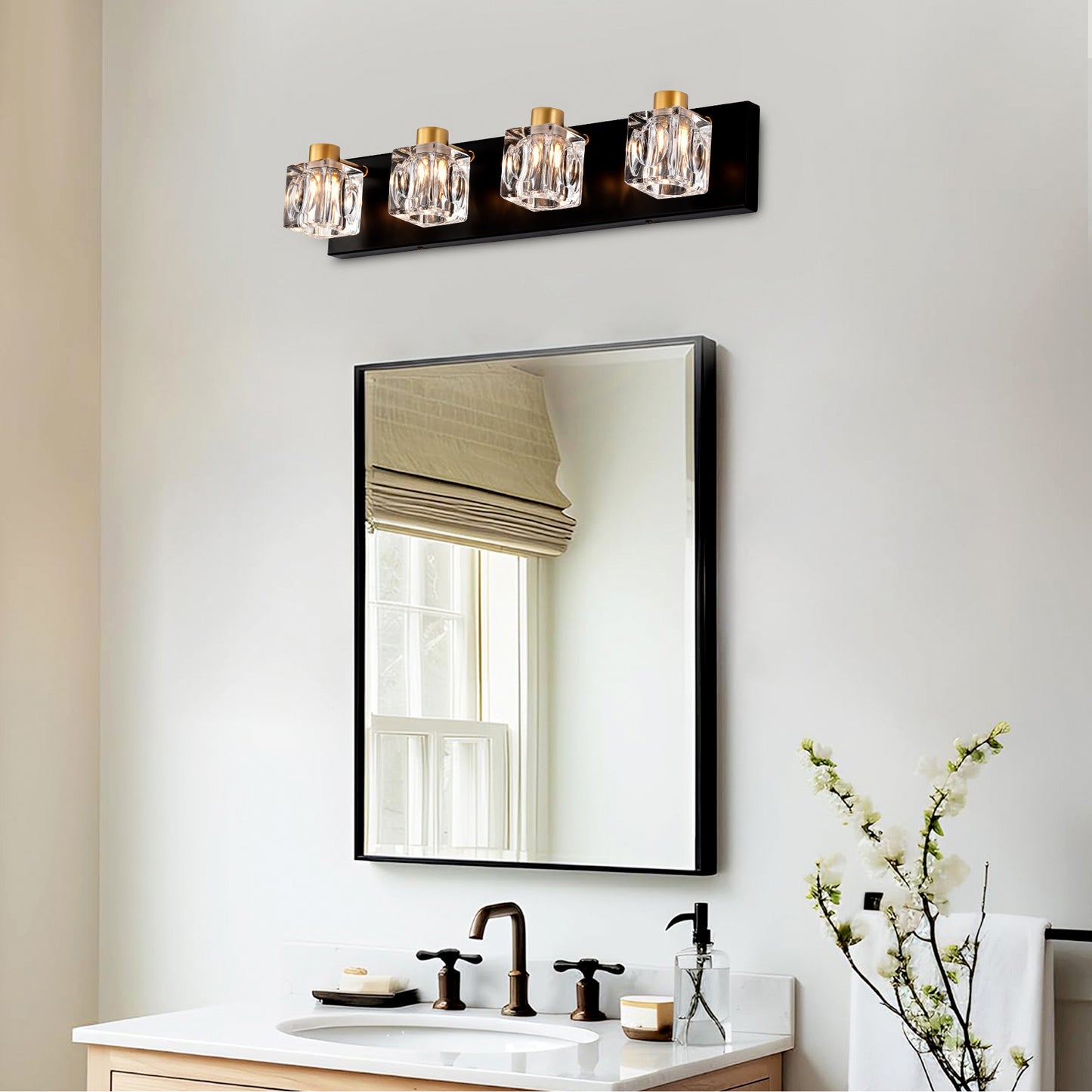 4-Light Matte Black + Gold Bathroom Light Fixtures – Modern Vanity Lights with Crystal Glass Shades