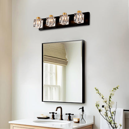 4-Light Matte Black + Gold Bathroom Light Fixtures – Modern Vanity Lights with Crystal Glass Shades