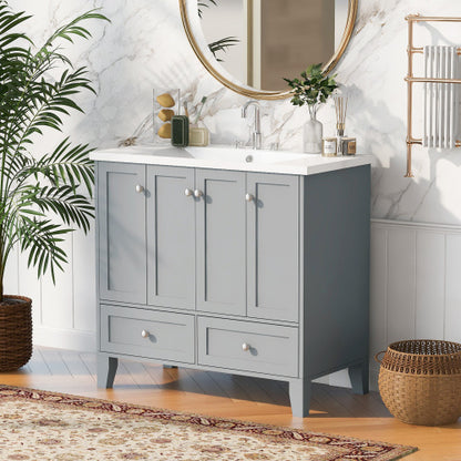 36'' Bathroom Vanity with Resin Sink Combo – Freestanding Solid Wood Frame Vanity Set with 4 Soft Closing Doors & 2 Drawers