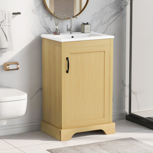 20  Bathroom Vanity With Sink, Bathroom Cabinet With Soft Closing Door, Storage Rack And Adjustable Shelve, Natural Wood