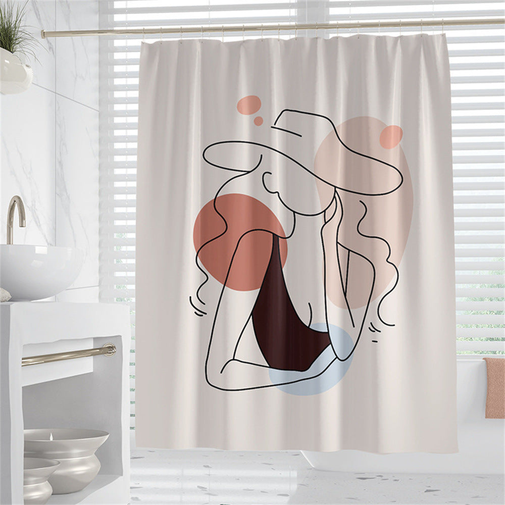 Hand-Drawn Woman Geometric Line Illustration Shower Curtain – Premium Polyester
