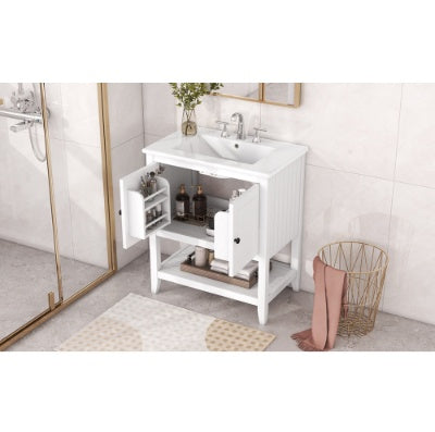 30 Modern Sleek Bathroom Vanity Elegant Ceramic Sink With Solid Wood Frame Open Style Shelf  Door Shelf Design
