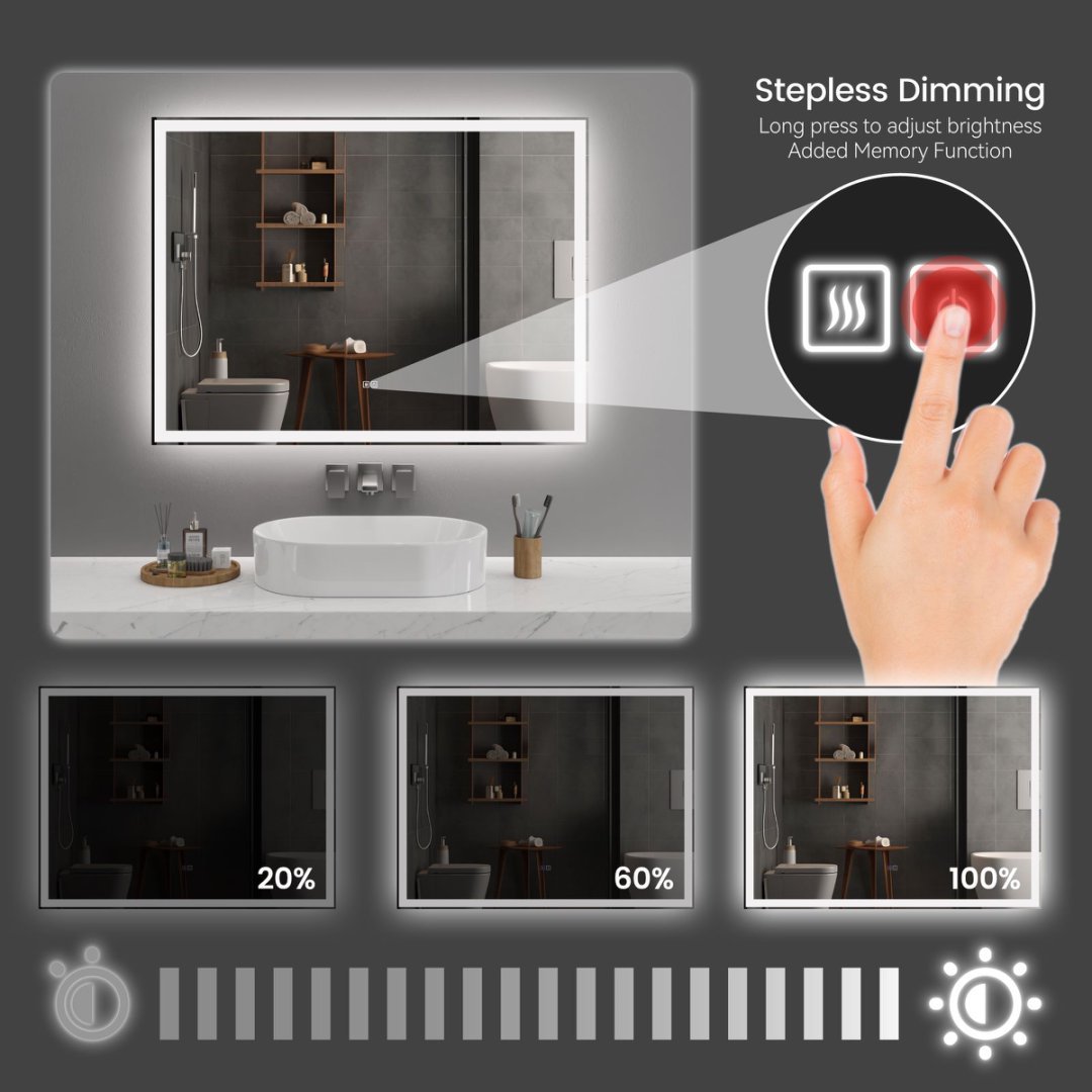 Modern LED Smart Mirror – Rectangular, Front & Back Lit, 3-Color Adjustable with Anti-Fog, Memory Function, and Time Mode Control