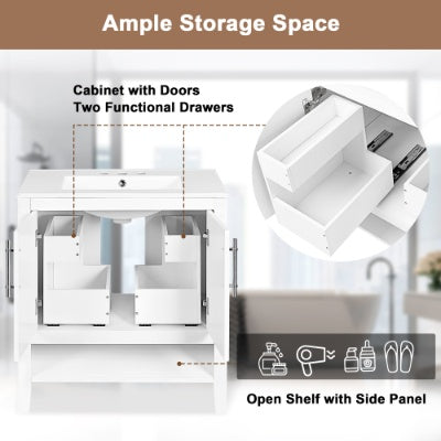 30 Bathroom Vanity With Sink, Multi-functional Bathroom Cabinet With Doors And Drawers, Solid Frame And MDF Board, White