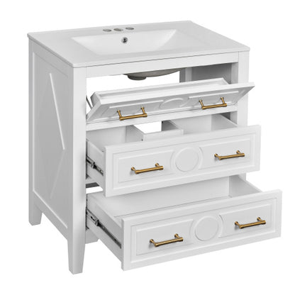 30'' Bathroom Vanity With Ceramic Sink Combo, Free Standing Single Vanity Set With 3 Drawers, Solid Wood Frame Bathroom Storage Cabinet, White