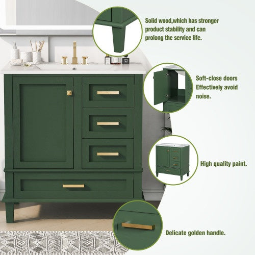 30" Bathroom Vanity – Modern Storage Cabinet with Soft Closing Door, 3 Drawers & Solid Wood Frame