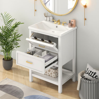 24" Bathroom Vanity with Top Sink – Modern White & Gold Storage Cabinet with 2 Drawers
