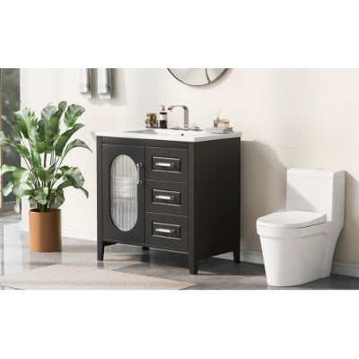 30 Bathroom Vanity With Sink, Bathroom Vanity Cabinet With Two Drawers And Door, Adjustable Shelf, Solid Wood And MDF, Bla