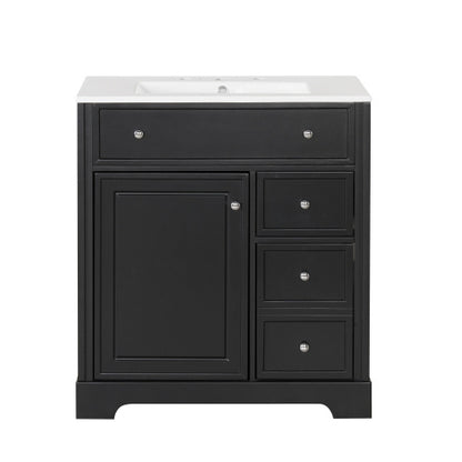 30  Bathroom Vanity With Sink Top, Bathroom Vanity Cabinet With Door And Two Drawers, MDF Boards, Solid Wood, One Package, Black