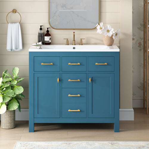 36'' Bathroon Vanity With Resin Sink Combo Set,Modern Freestanding Single Bathroom Cabinet With 4 Drawers & 2 Cabinets,Storage Cabinet For Bathroom, Solid Wood Frame Vanity Set
