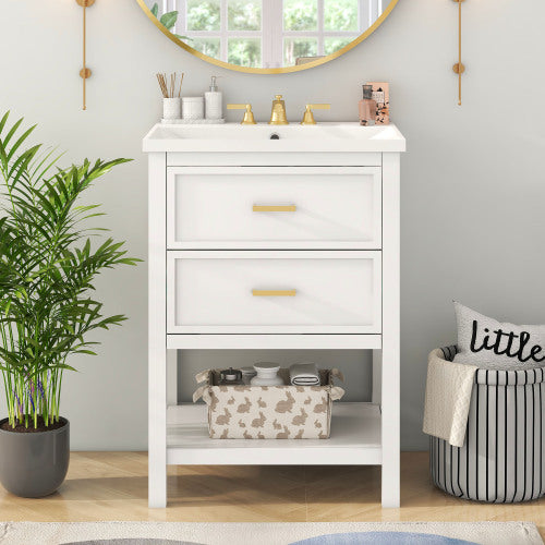 24" Bathroom Vanity with Top Sink – Modern White & Gold Storage Cabinet with 2 Drawers