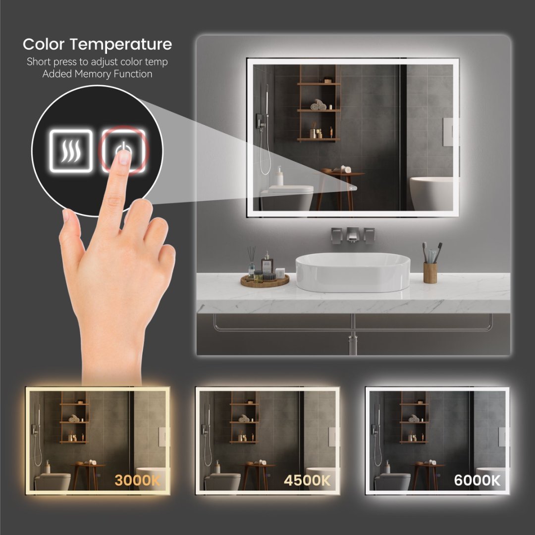 Modern LED Smart Mirror – Rectangular, Front & Back Lit, 3-Color Adjustable with Anti-Fog, Memory Function, and Time Mode Control