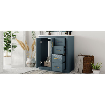 30'' Bathroom Vanity with Ceramic Sink Combo, Solid Wood Frame Bathroom Storage Cabinet, Freestanding Vanity Set with 3 Drawers & Soft Closing Doors