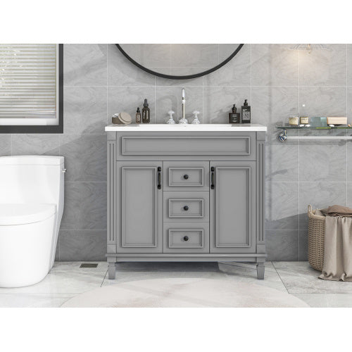 36'' Bathroom Vanity with Top Sink – Modern Storage Cabinet with 2 Soft-Closing Doors & 2 Drawers, Single Sink Vanity (Grey)