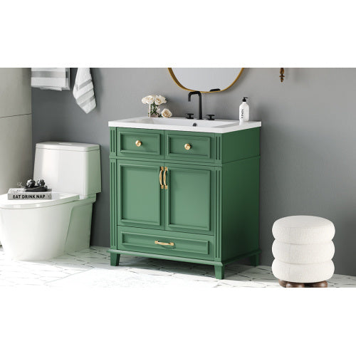 30'' Bathroom Vanity with Resin Sink – Solid Wood Frame, Soft Closing Doors, Retro Style, Green