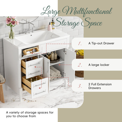 36'' Bathroom Vanity With Top Resin Sink, Freestanding Bathroom Storage Cabinet With 2 Drawers And A Tip-out Drawer, Solid Wood Frame Vanity Set, Height Adjustable Shelf