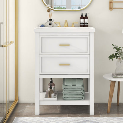 24" Bathroom Vanity with Top Sink – Modern White & Gold Storage Cabinet with 2 Drawers