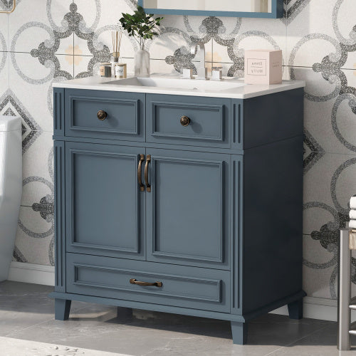 30'' Bathroom Vanity with Ceramic Sink – Solid Wood Frame Storage Cabinet with Soft Closing Doors, Retro Style, Blue
