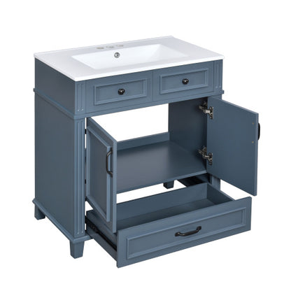 30'' Bathroom Vanity with Ceramic Sink – Solid Wood Frame Storage Cabinet with Soft Closing Doors, Retro Style, Blue