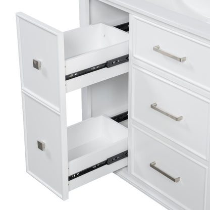 30 Inch Bathroom Vanity With Ceramic Sink, Flip-Out Drawer Design For Plumbing, White Painted MDF Cabinet With Solid Wood Legs