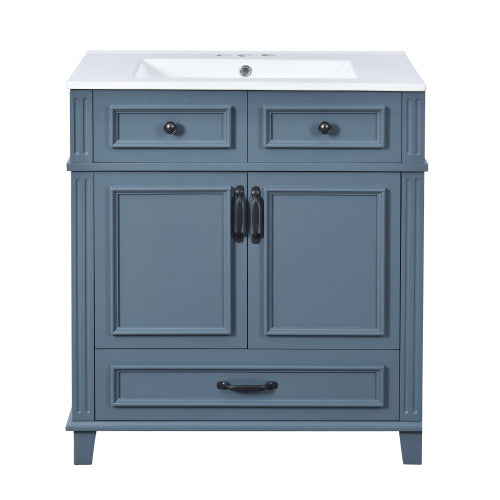 30'' Bathroom Vanity with Ceramic Sink – Solid Wood Frame Storage Cabinet with Soft Closing Doors, Retro Style, Blue