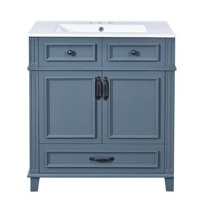 30'' Bathroom Vanity with Ceramic Sink – Solid Wood Frame Storage Cabinet with Soft Closing Doors, Retro Style, Blue