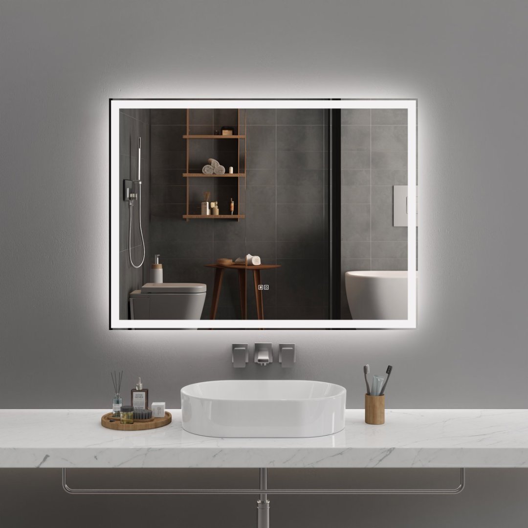 Modern LED Smart Mirror – Rectangular, Front & Back Lit, 3-Color Adjustable with Anti-Fog, Memory Function, and Time Mode Control