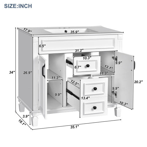 36'' Bathroom Vanity with Top Sink – Modern Storage Cabinet with 2 Soft-Closing Doors & 2 Drawers, Single Sink Vanity (White)