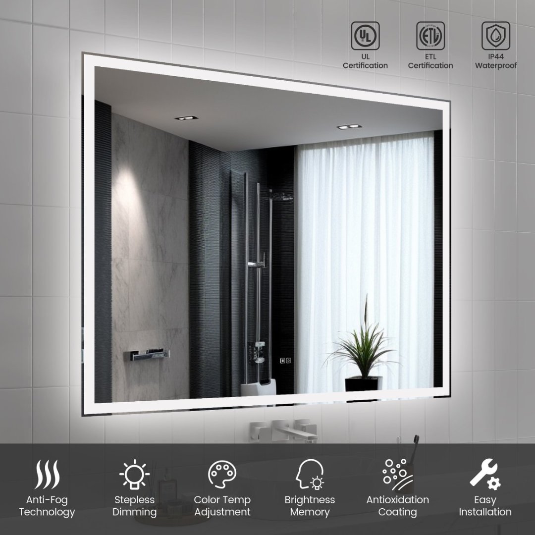 Modern LED Smart Mirror with Hidden Light – Front & Back Lit, 3-Color Adjustable, Anti-Fog, Memory Function, Time Mode Control