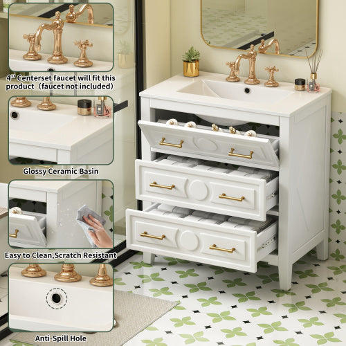 30'' Bathroom Vanity With Ceramic Sink Combo, Free Standing Single Vanity Set With 3 Drawers, Solid Wood Frame Bathroom Storage Cabinet, White