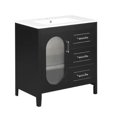 30 Bathroom Vanity With Sink, Bathroom Vanity Cabinet With Two Drawers And Door, Adjustable Shelf, Solid Wood And MDF, Bla