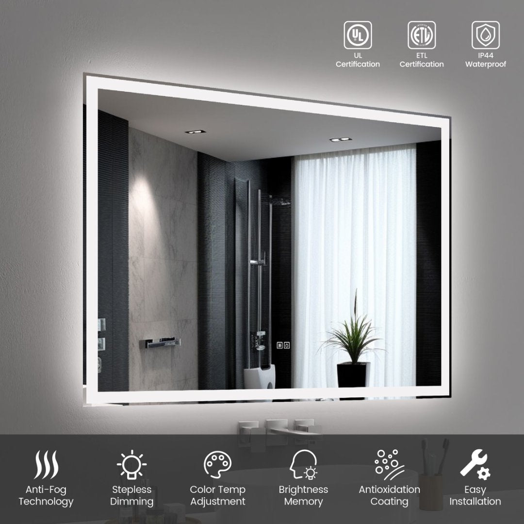Modern LED Smart Mirror – Rectangular, Front & Back Lit, 3-Color Adjustable with Anti-Fog, Memory Function, and Time Mode Control