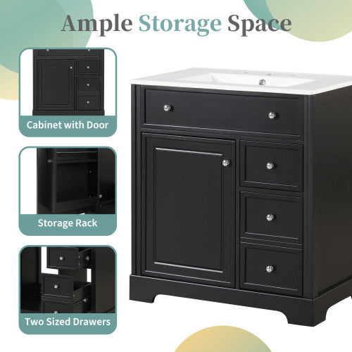 30  Bathroom Vanity With Sink Top, Bathroom Vanity Cabinet With Door And Two Drawers, MDF Boards, Solid Wood, One Package, Black