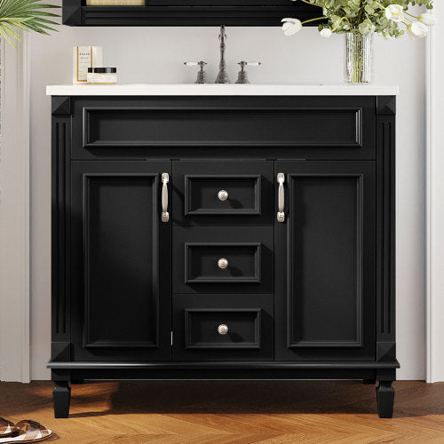 36'' Bathroom Vanity with Top Sink – Modern Storage Cabinet with 2 Soft-Closing Doors & 2 Drawers, Single Sink Vanity (Black)