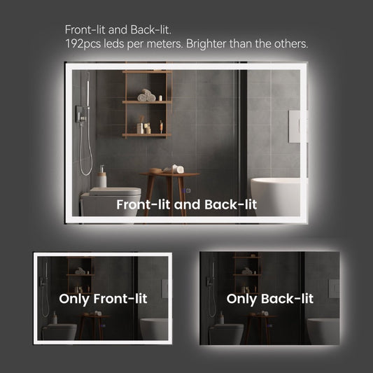Modern LED Smart Mirror – Rectangular, Front & Back Lit, 3-Color Adjustable with Anti-Fog, Memory Function, and Time Mode Control