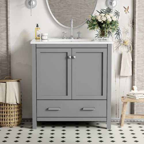 30" Gray Bathroom Vanity – Under-Mount Sink, Soft Closing Doors & Multifunctional Storage