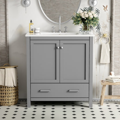 30" Gray Bathroom Vanity – Under-Mount Sink, Soft Closing Doors & Multifunctional Storage
