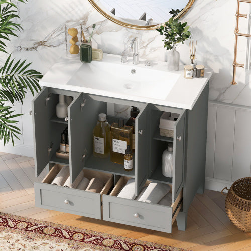 36'' Bathroom Vanity with Resin Sink Combo – Freestanding Solid Wood Frame Vanity Set with 4 Soft Closing Doors & 2 Drawers