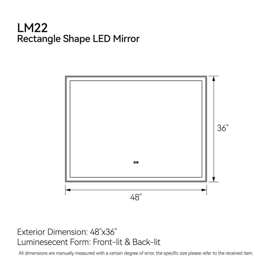 Modern LED Smart Mirror – Rectangular, Front & Back Lit, 3-Color Adjustable with Anti-Fog, Memory Function, and Time Mode Control