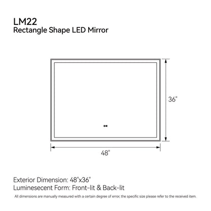Modern LED Smart Mirror – Rectangular, Front & Back Lit, 3-Color Adjustable with Anti-Fog, Memory Function, and Time Mode Control