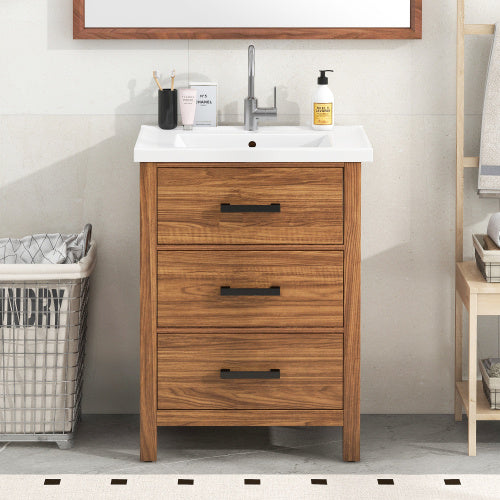 24'' Bathroom Vanity with Ceramic Basin Sink – Freestanding, Modern Storage Cabinet with 3 Drawers