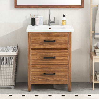 24'' Bathroom Vanity with Ceramic Basin Sink – Freestanding, Modern Storage Cabinet with 3 Drawers