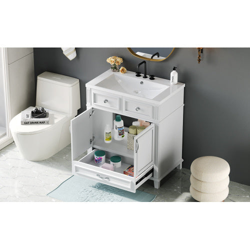 30'' Bathroom Vanity with Resin Sink – Solid Wood Frame, Soft Closing Doors, Retro Style, White