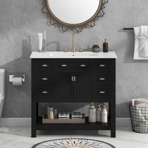 36" Black Bathroom Vanity with Top Sink – Modern Storage Cabinet with 2 Soft Closing Doors & 6 Drawers, Single Sink Vanity
