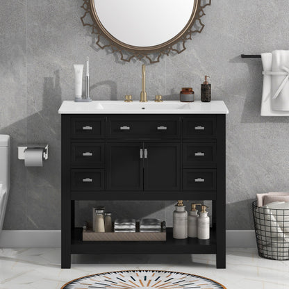 36" Black Bathroom Vanity with Top Sink – Modern Storage Cabinet with 2 Soft Closing Doors & 6 Drawers, Single Sink Vanity