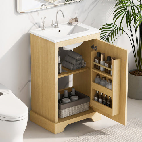 20  Bathroom Vanity With Sink, Bathroom Cabinet With Soft Closing Door, Storage Rack And Adjustable Shelve, Natural Wood