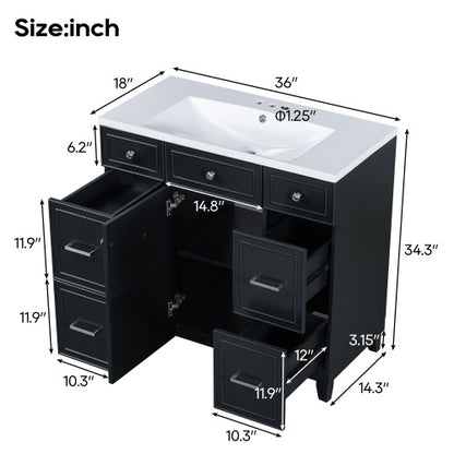 36" Bathroom Vanity Cabinet with Sink Top Combo Set – Black Shaker Design with Soft Closing Doors and 3 Drawers